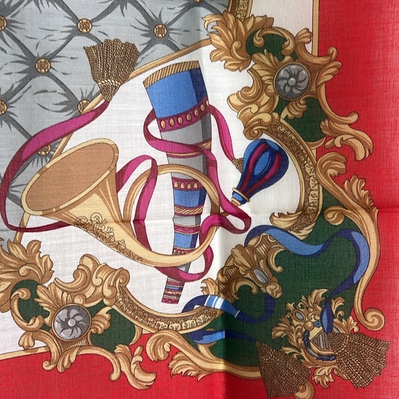 CELINE Paris  trumpet pattern Cotton Handkerchief Scarf Red and white - Picture 11 of 13